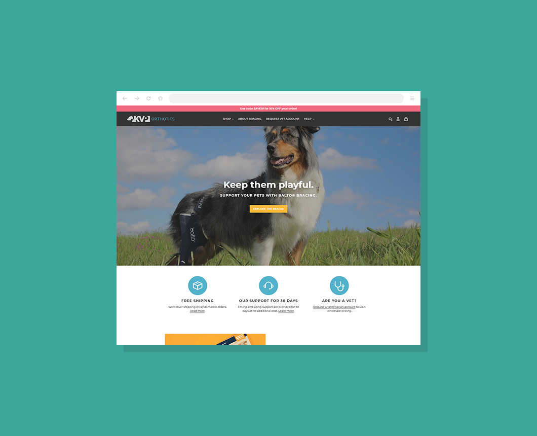 A partial screenshot of the KVP Orthotics website homepage.